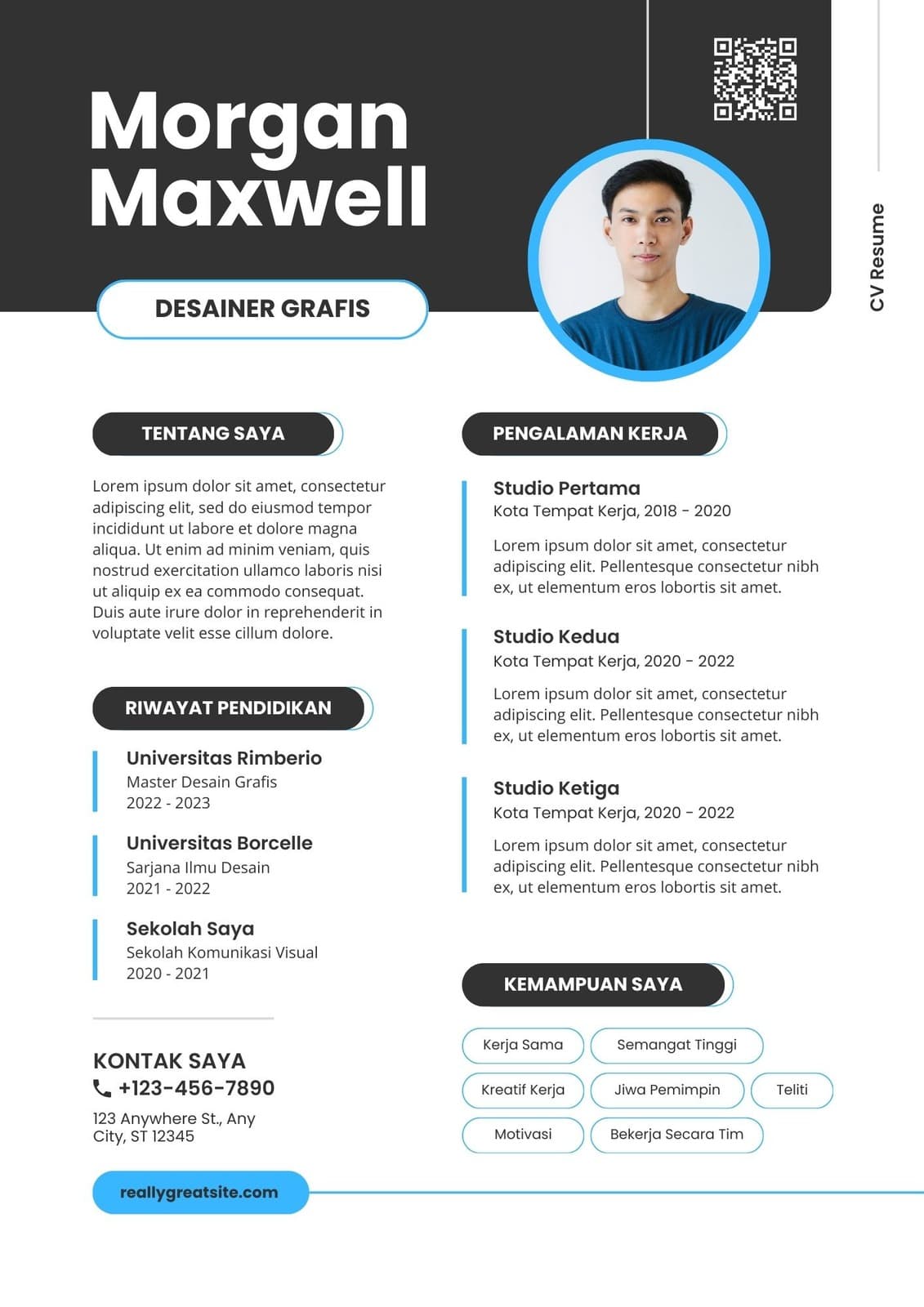 CV Resume Desainer Grafis Bisnis Minimalis Hitam Biru