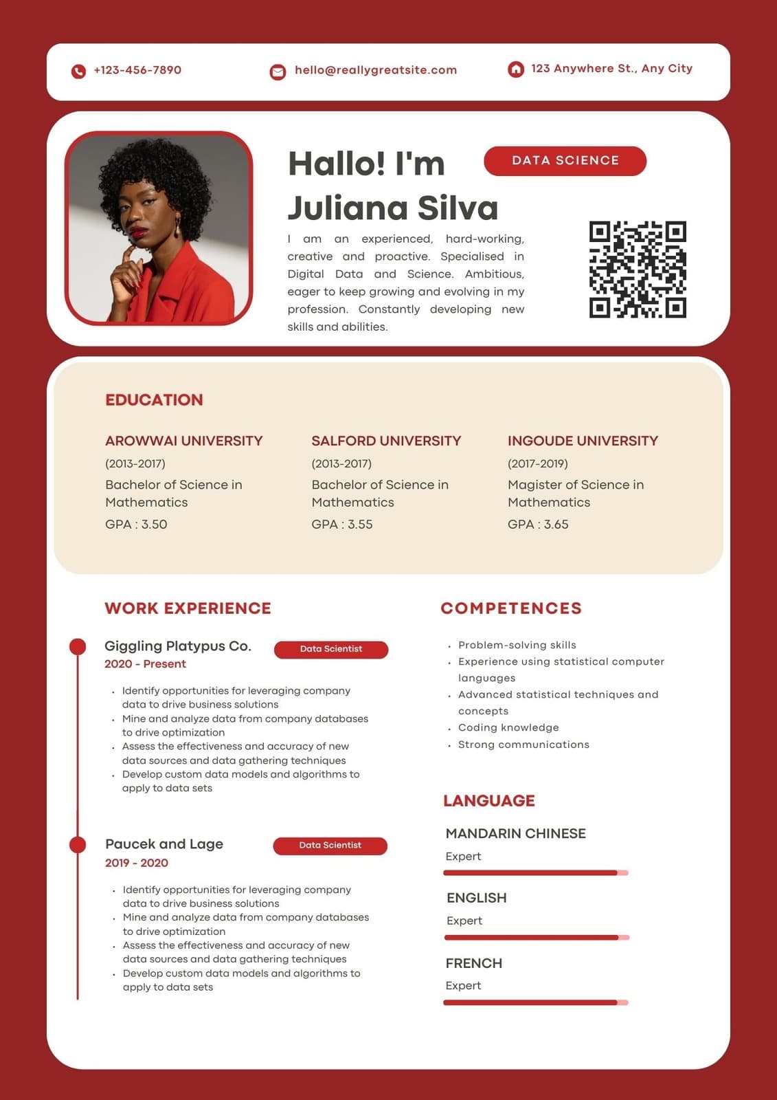 Red Creative Minimalist Data Science CV Resume